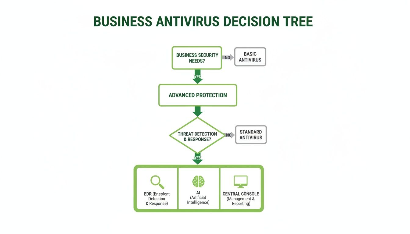 A business antivirus decision tree flowchart guiding selection based on security needs and threat detection.