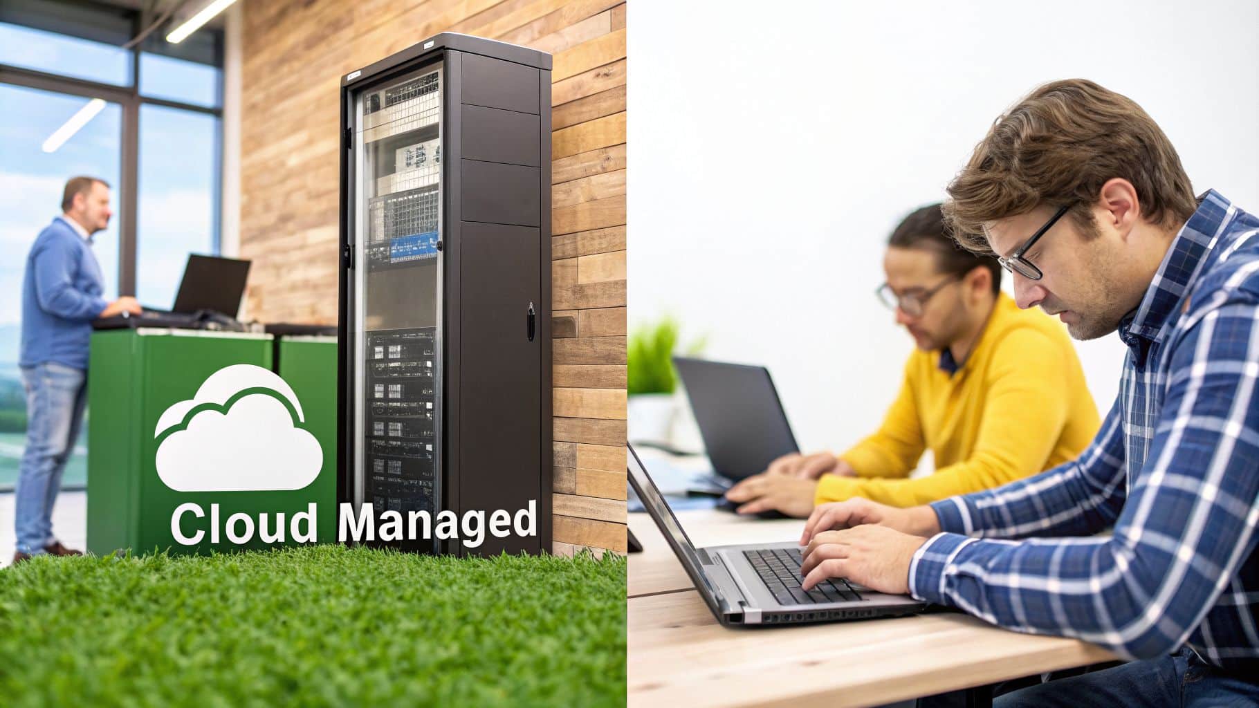 A server rack with 'Cloud Managed' text, and IT professionals working on laptops in an office.
