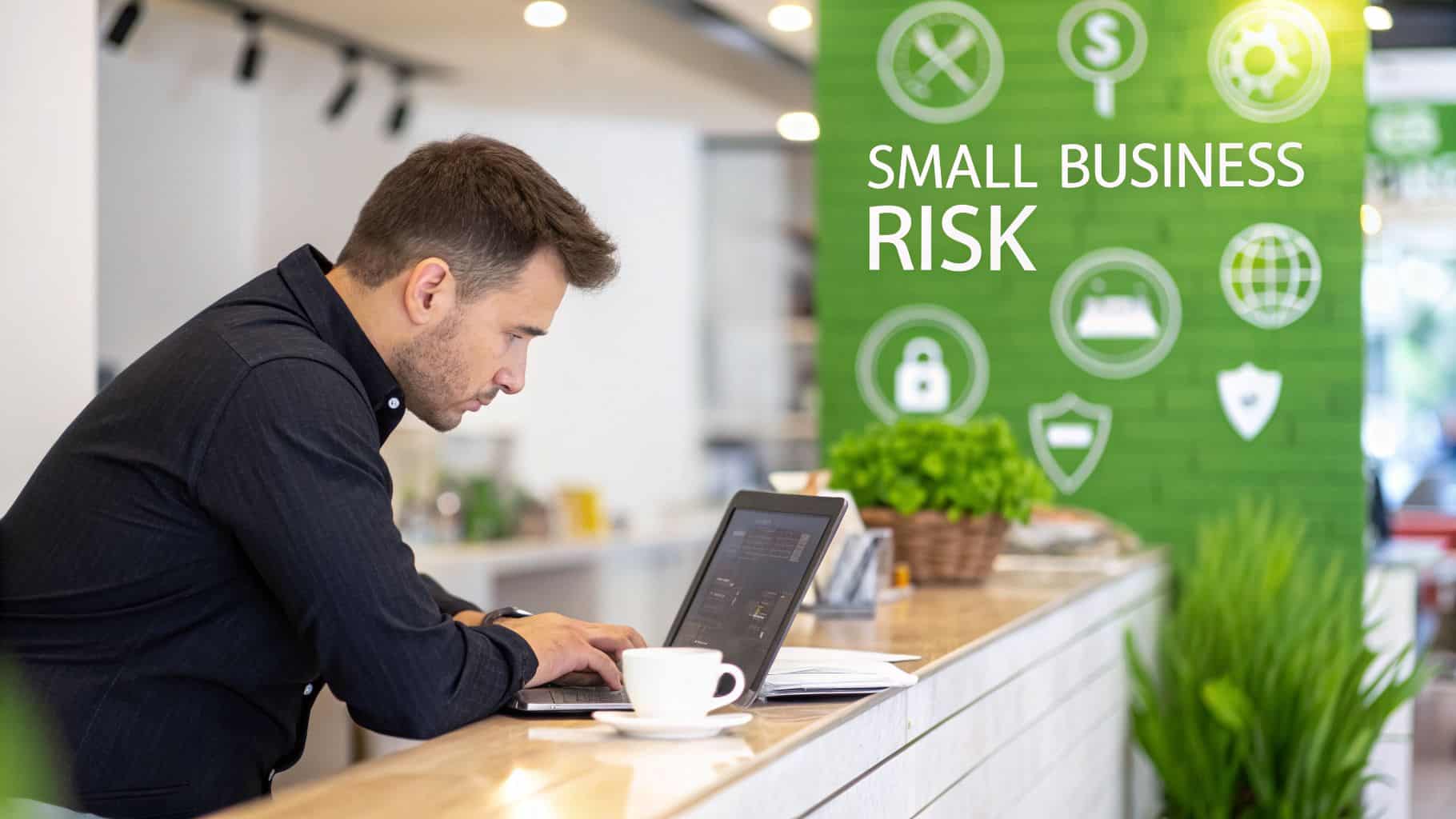 A focused man uses a laptop at a counter, with "SMALL BUSINESS RISK" text on a green wall.
