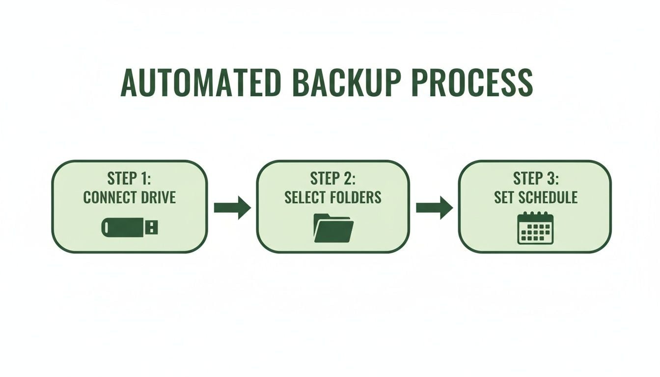 A diagram outlining the three steps of an automated backup process: connect drive, select folders, and set schedule.