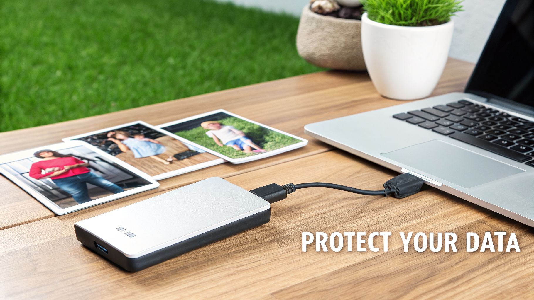 An external hard drive connected to a laptop on a wooden table, with family photos and text 'PROTECT YOUR DATA'.