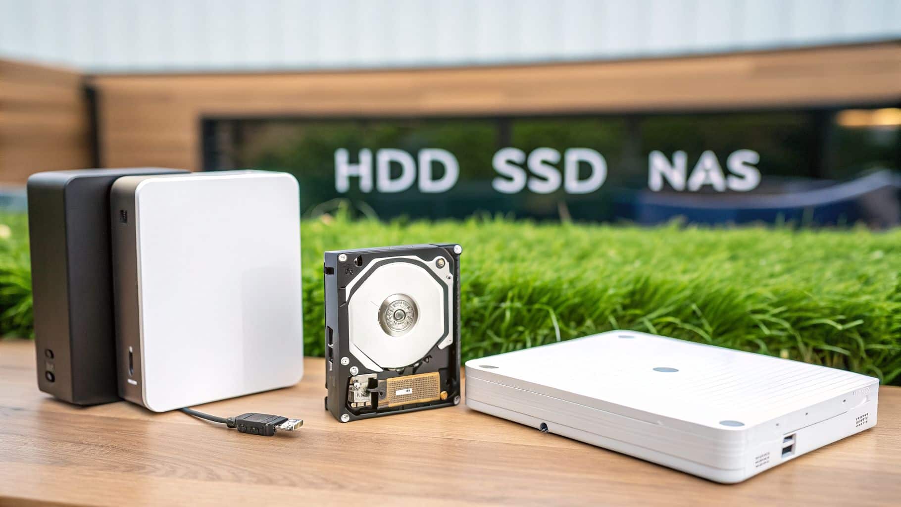 Various data storage devices including external hard drives, an internal HDD, and a NAS, with 'HDD SSD NAS' sign in background.