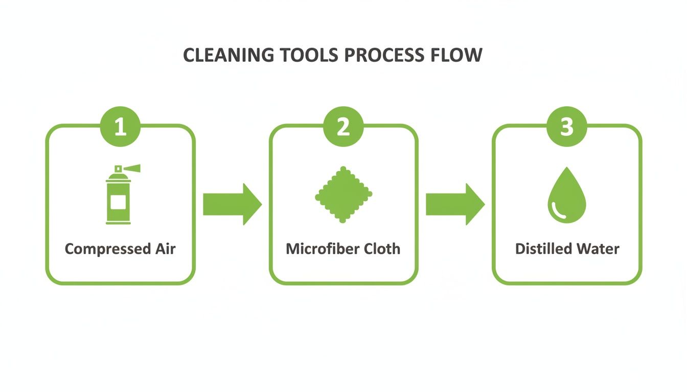Process flow for cleaning tools, including compressed air, a microfiber cloth, and distilled water.