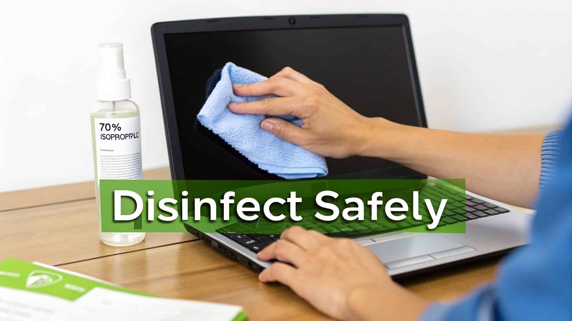 A person disinfects a laptop screen with a cloth and isopropyl alcohol spray, ensuring safe cleaning.