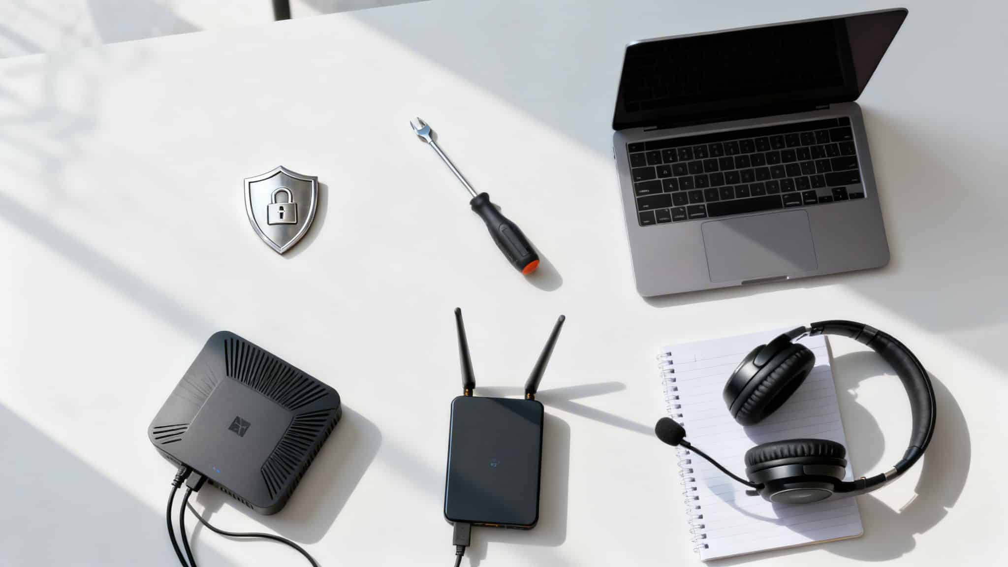 Top-down view of a white desk with computer networking equipment, a laptop, and security icon.