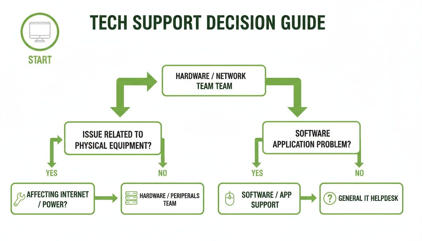 A flowchart titled 'Tech Support Decision Guide' shows steps to direct IT issues to the correct team.