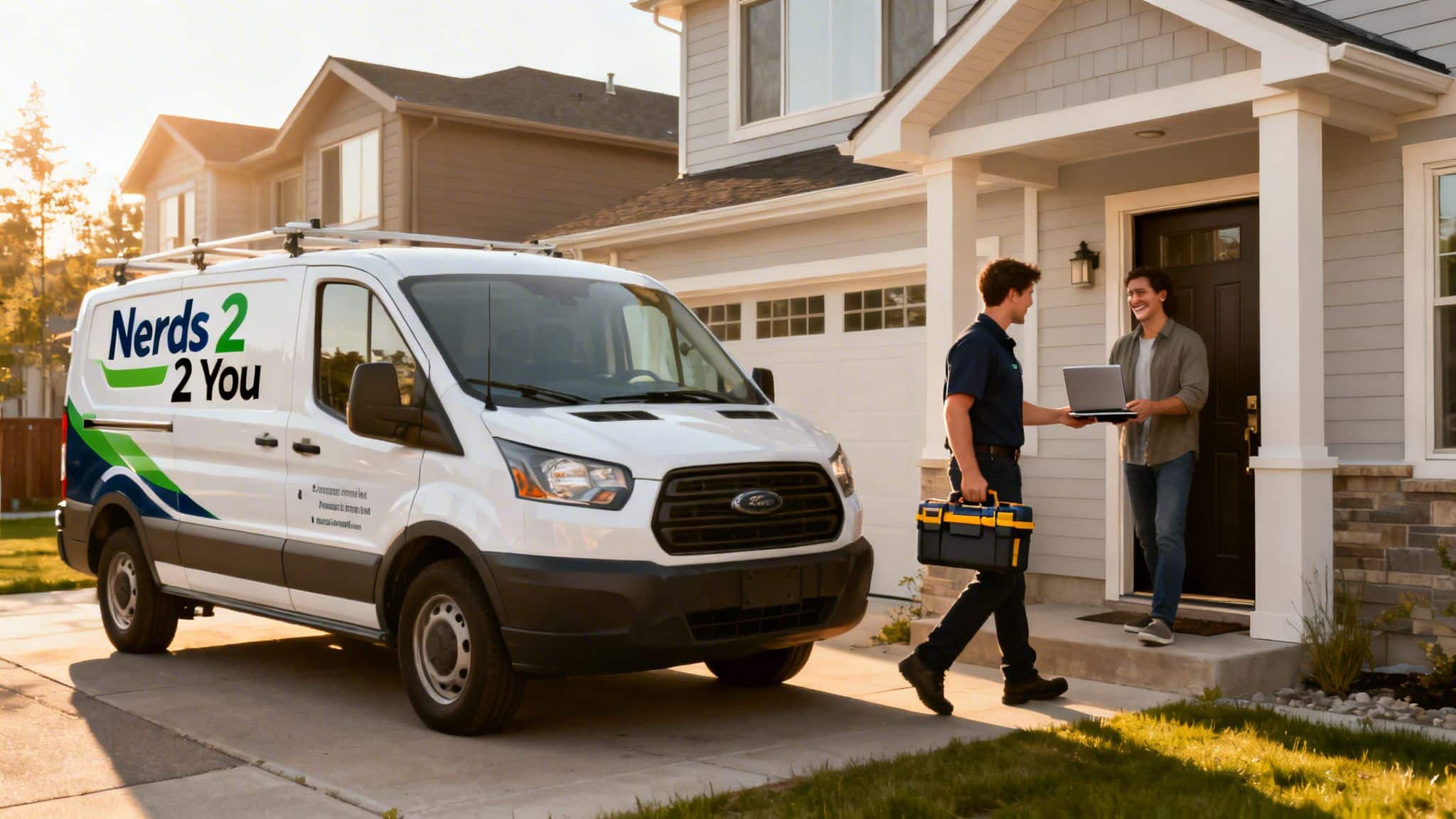 A 'Nerds 2 You' technician hands a laptop to a smiling customer at their home, with the service van parked nearby.