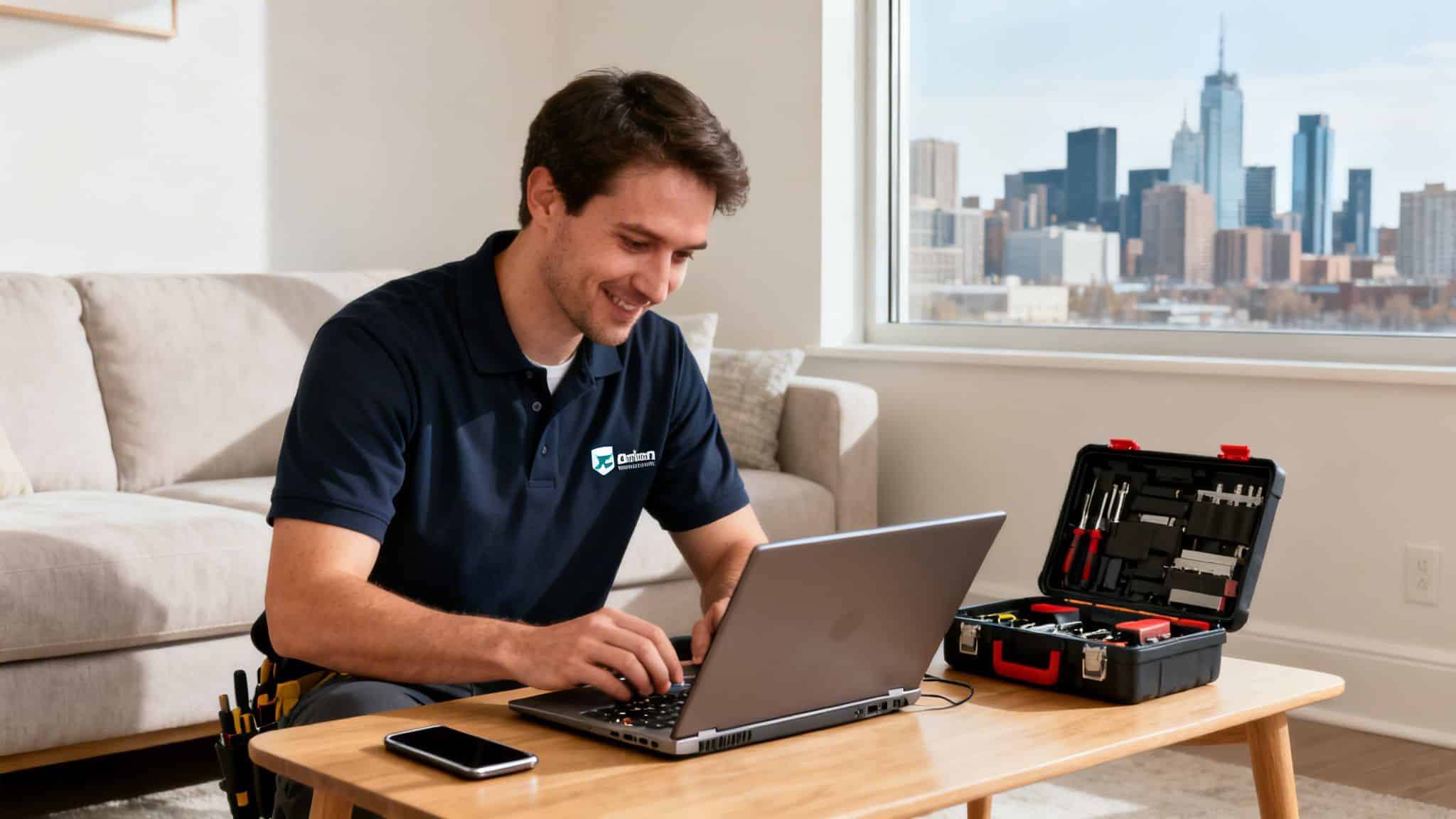 A smiling computer technician in a uniform works on a laptop, with a toolkit and city skyline.