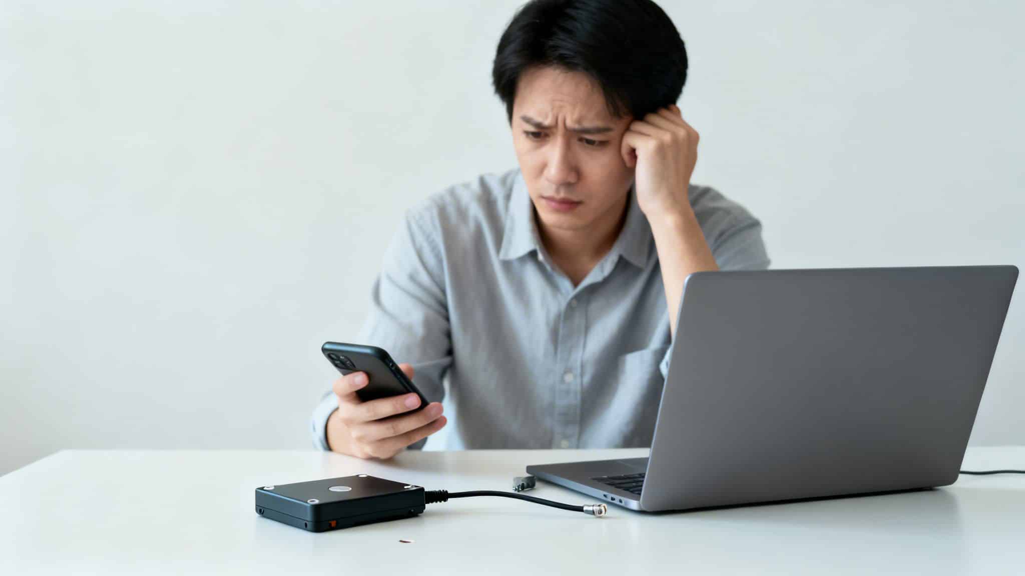 A worried man looking at his smartphone while sitting at a desk with a laptop and external hard drive.
