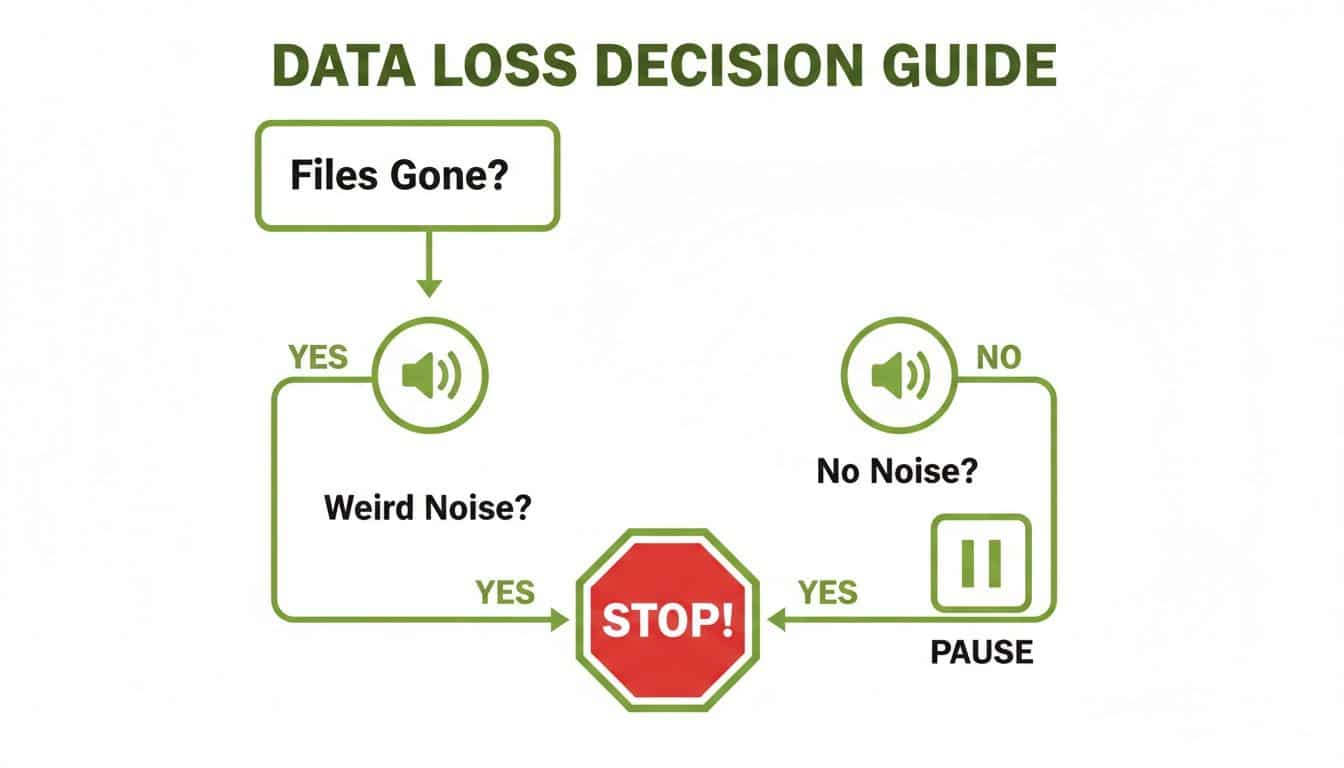 A data loss decision guide flowchart showing steps to take based on files missing and computer noises.