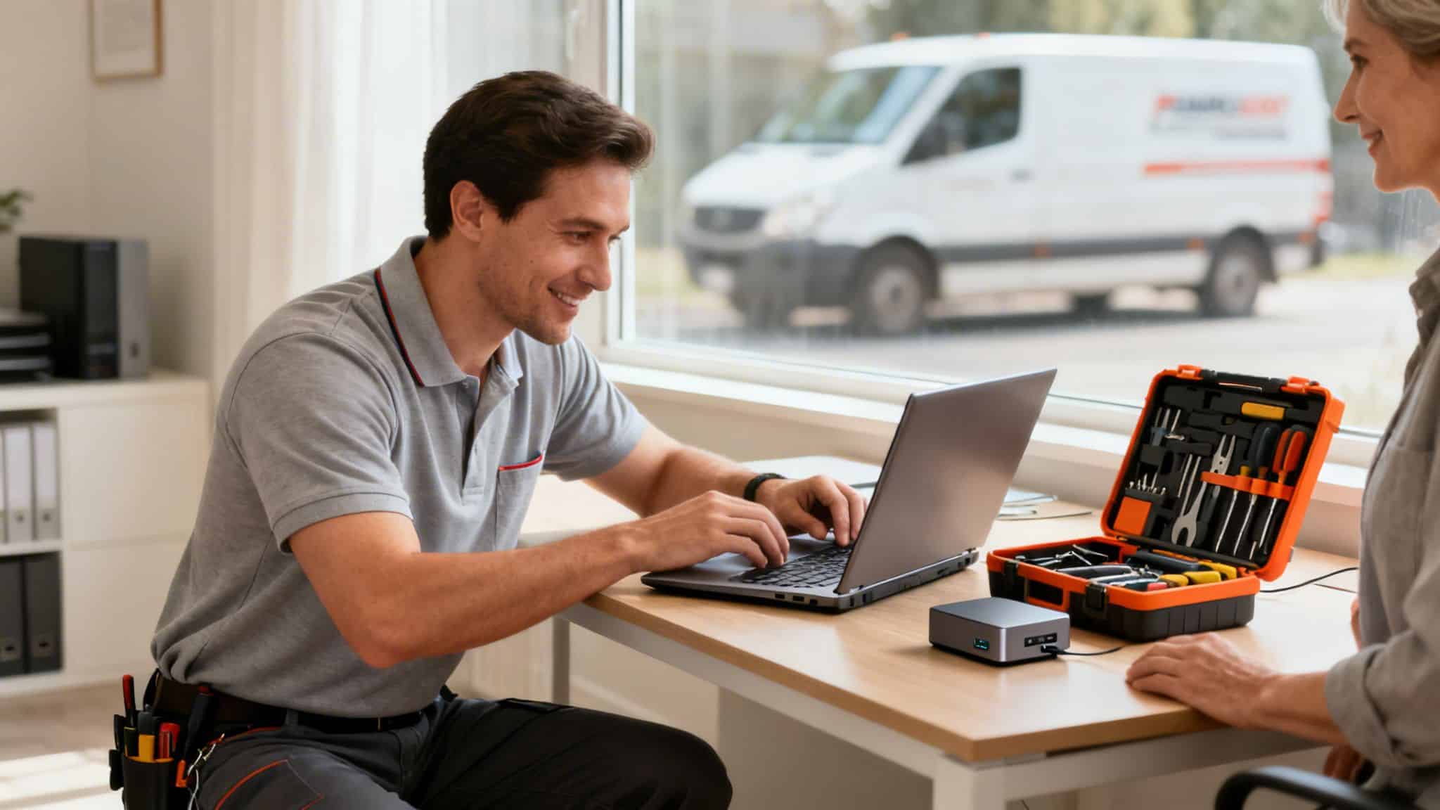 A smiling male data recovery technician uses a laptop at a client's desk, with tools and a service van visible.