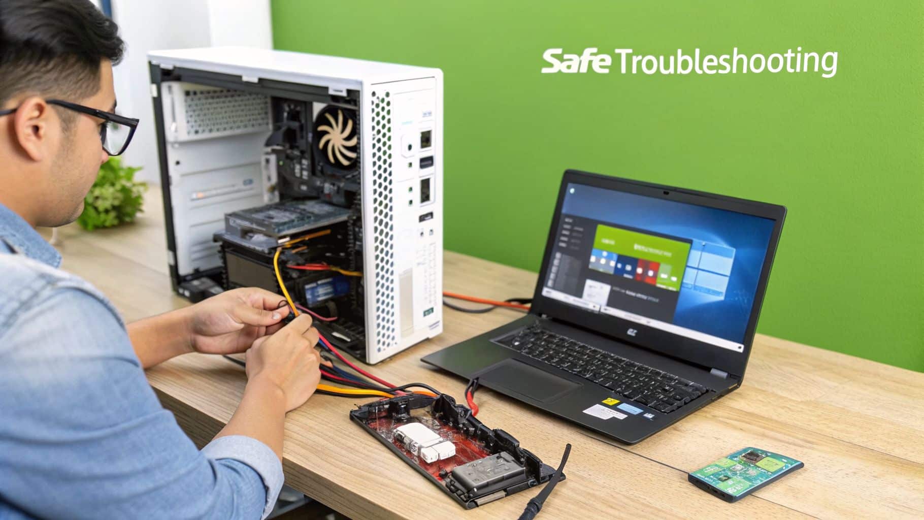 A man troubleshooting a desktop computer with a laptop and disassembled circuit board on a wooden desk.