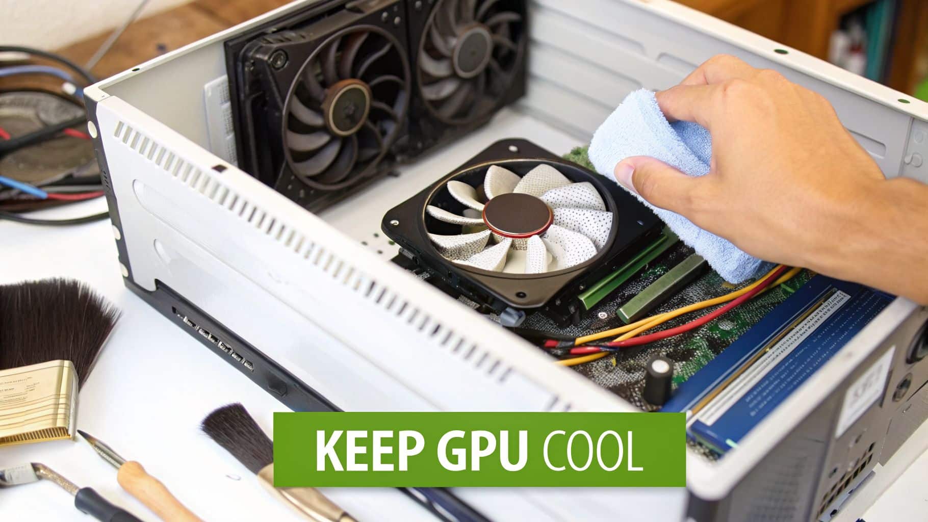 A hand cleaning a computer fan inside an open PC case, essential for GPU cooling and maintenance.