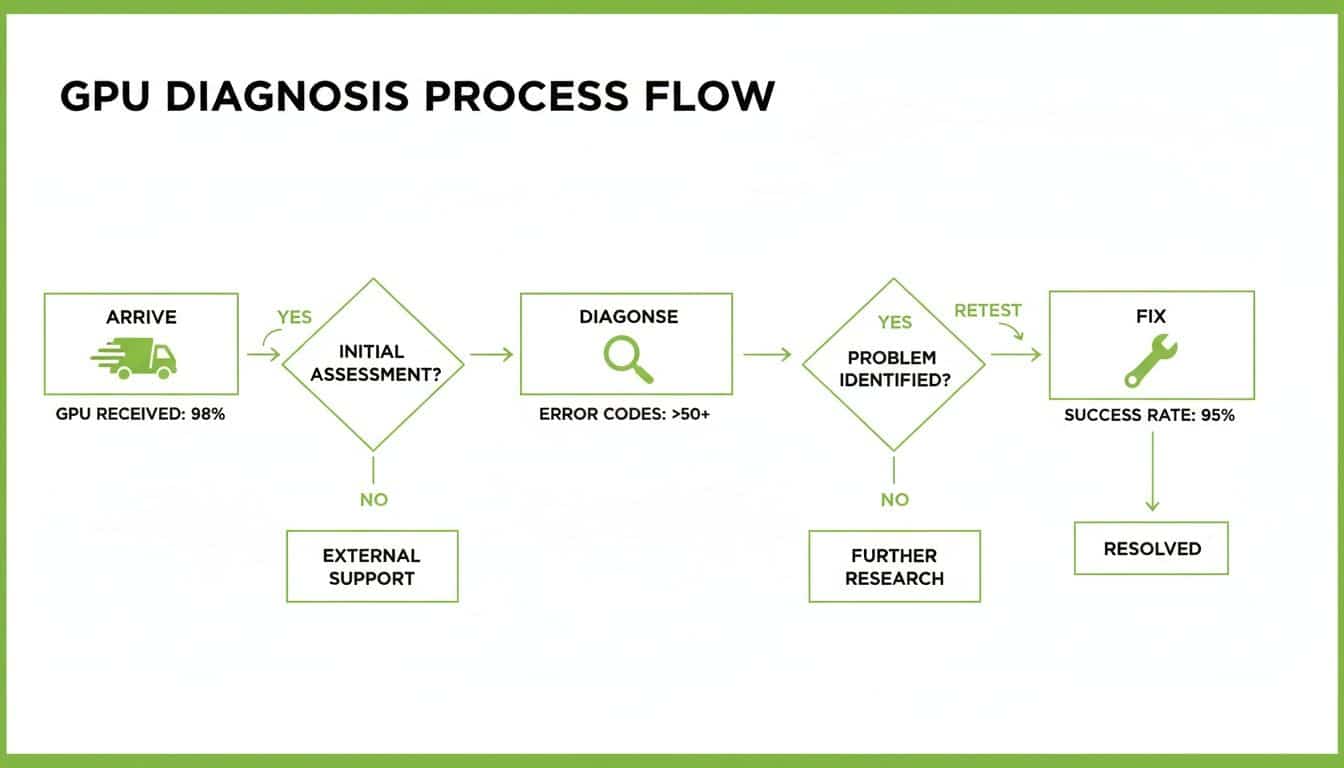 A detailed flow chart outlines the GPU diagnosis process, from arrival and assessment to fixing and resolution.