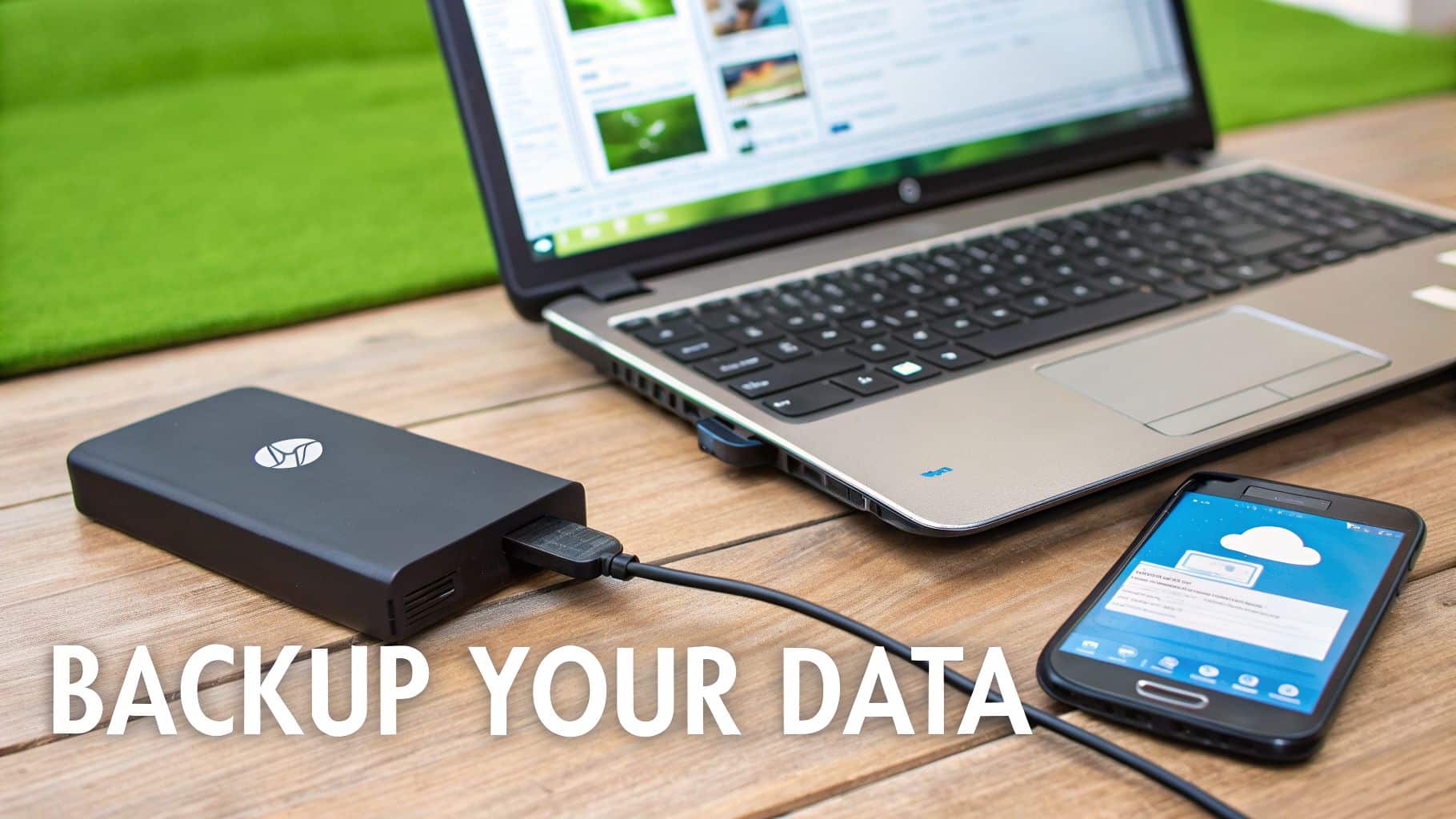 External hard drive connected to a laptop and smartphone, emphasizing data backup on a wooden desk.