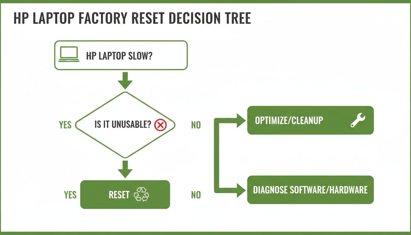 Decision tree flowchart for an HP laptop, guiding users through factory reset troubleshooting steps.
