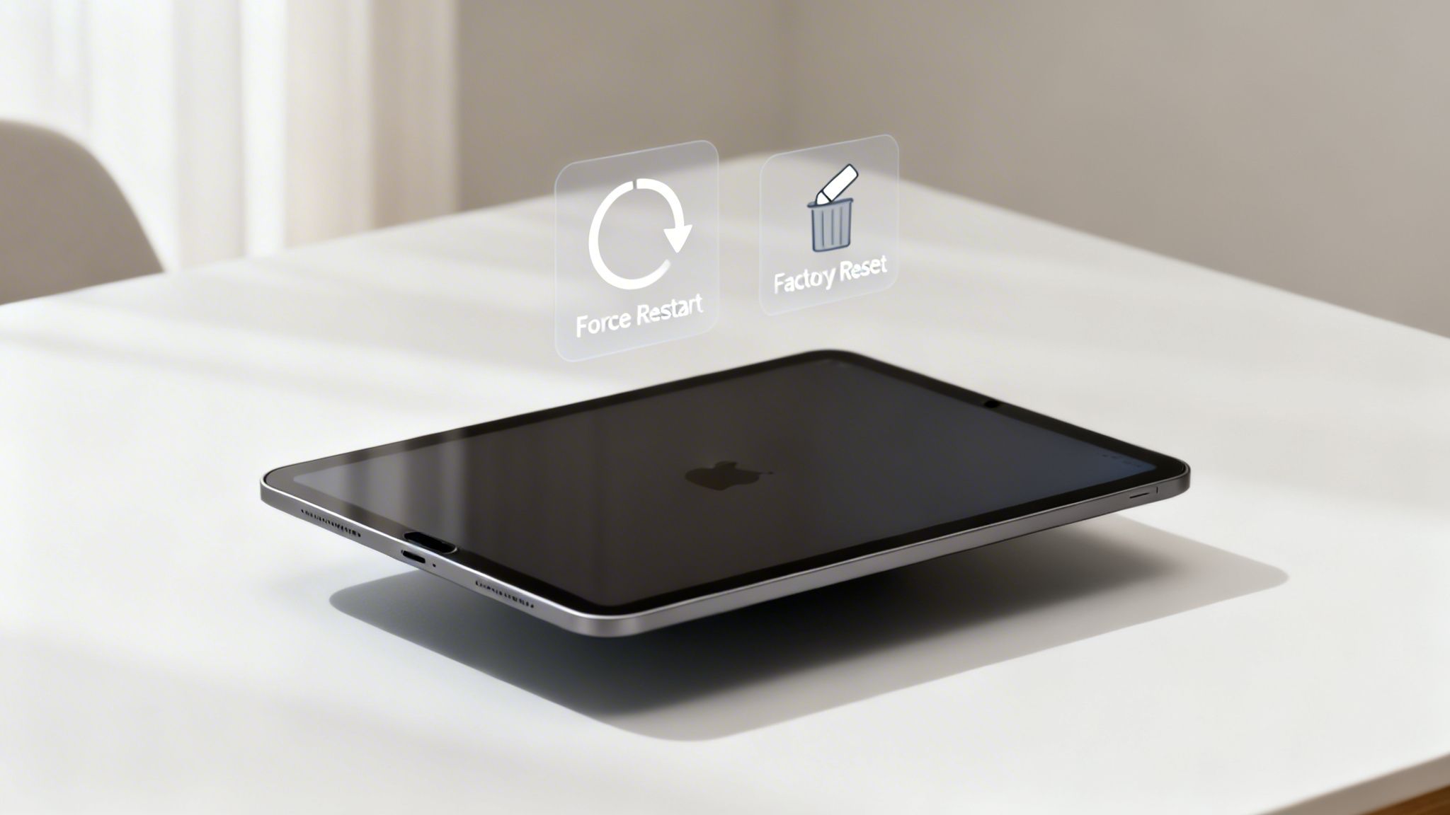 An Apple iPad on a white table, displaying options for Force Restart and Factory Reset.