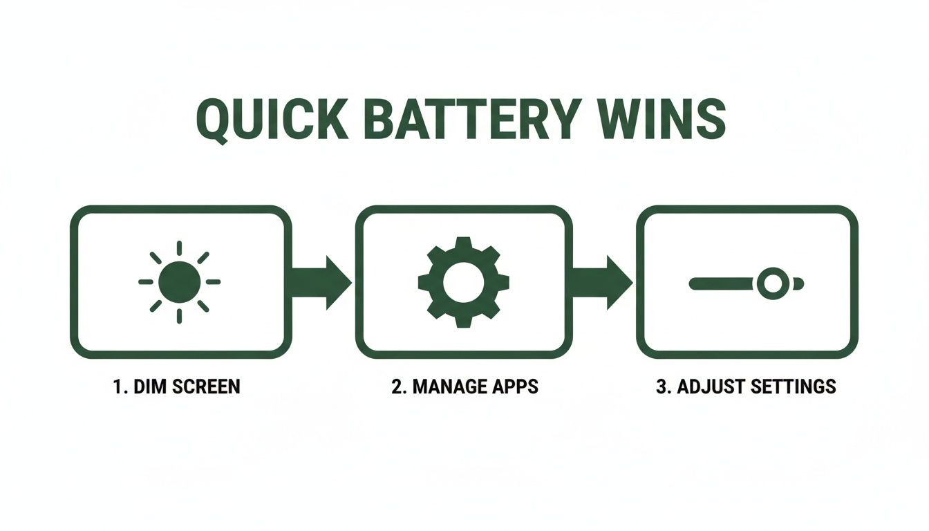 Infographic illustrates three quick steps to save battery: dim screen, manage apps, adjust settings.