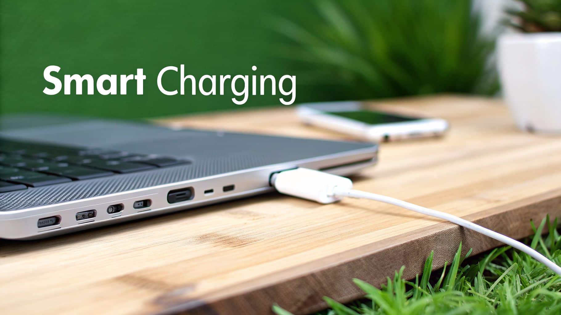 A laptop is connected to a white charging cable on a wooden surface with green grass, text 'Smart Charging'.