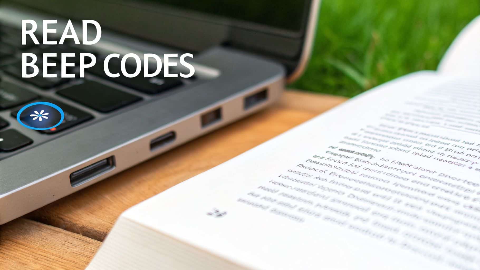 A laptop keyboard with a highlighted asterisk key and an open book, next to text 'READ BEEP CODES'.