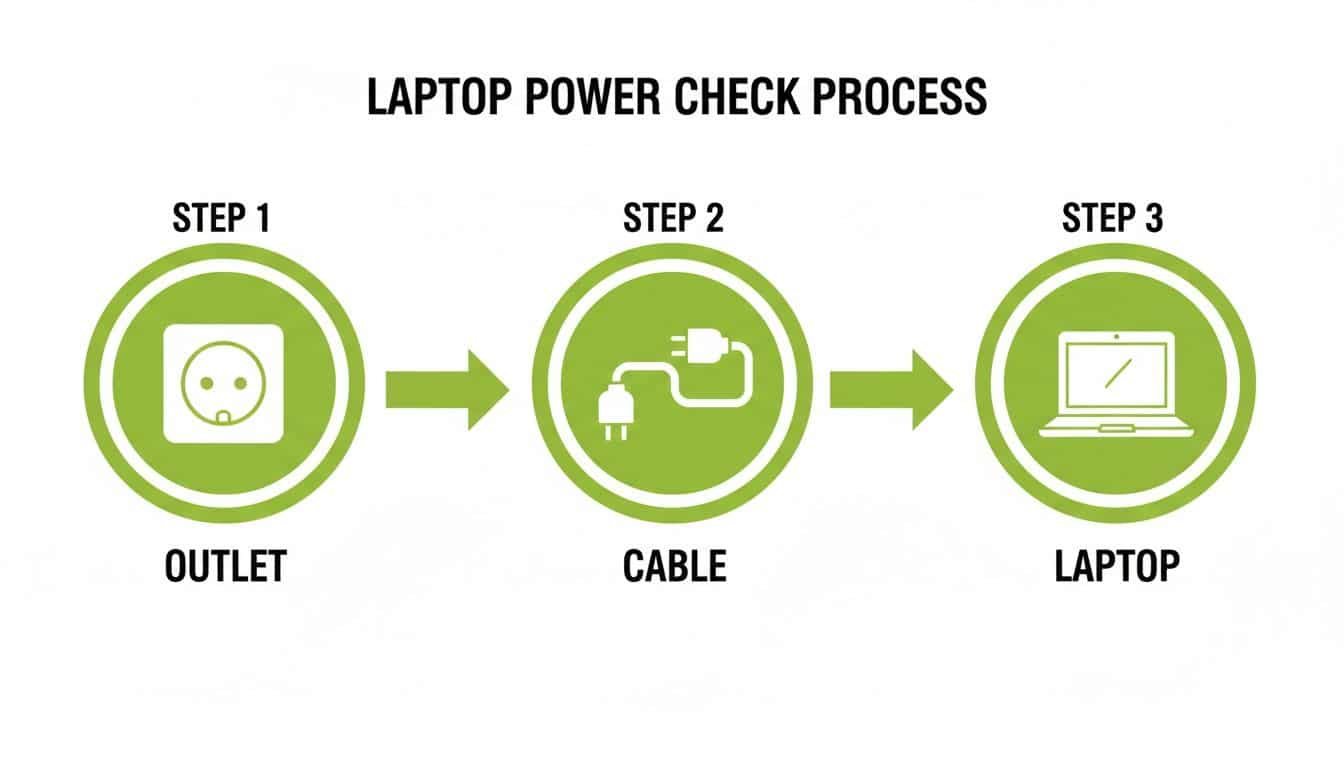 Infographic illustrating a three-step laptop power check process: outlet, power cable, and laptop.