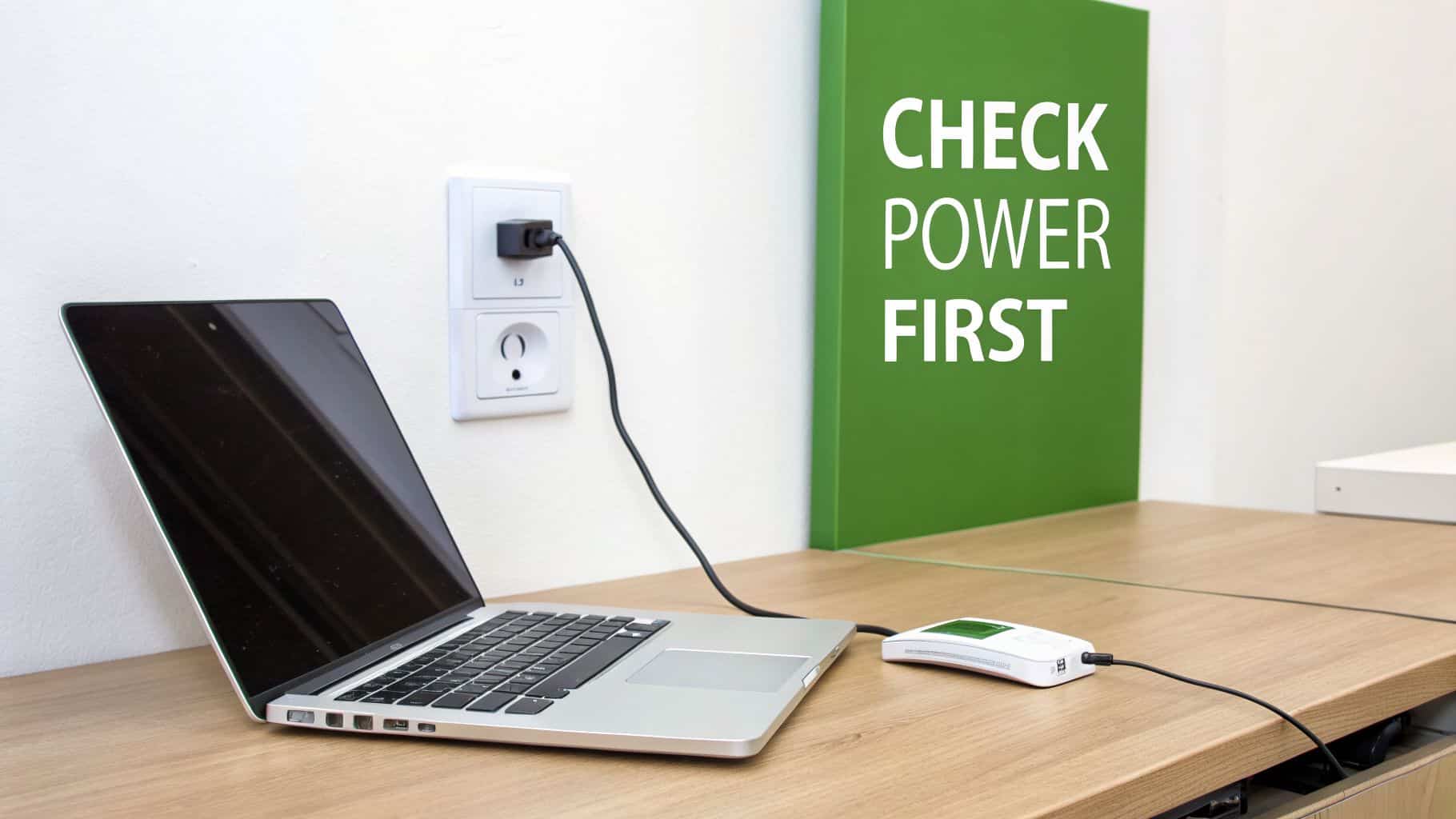 A silver laptop is plugged into a wall outlet on a wooden desk, next to a 'CHECK POWER FIRST' sign.