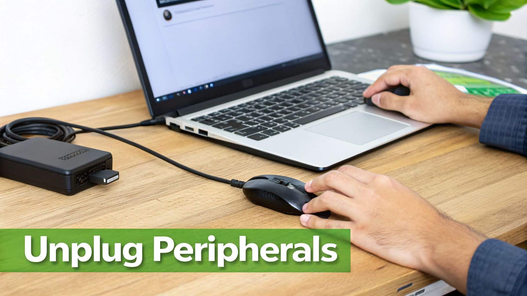 A person uses a laptop with a mouse and a connected USB device, illustrating the instruction to 'Unplug Peripherals'.