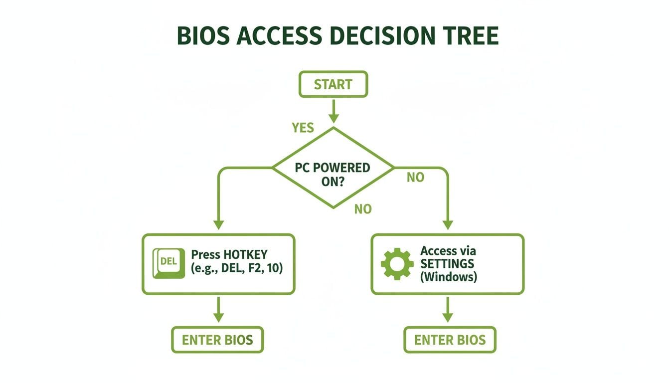 A flowchart titled 'BIOS ACCESS DECISION TREE' shows steps to enter BIOS.