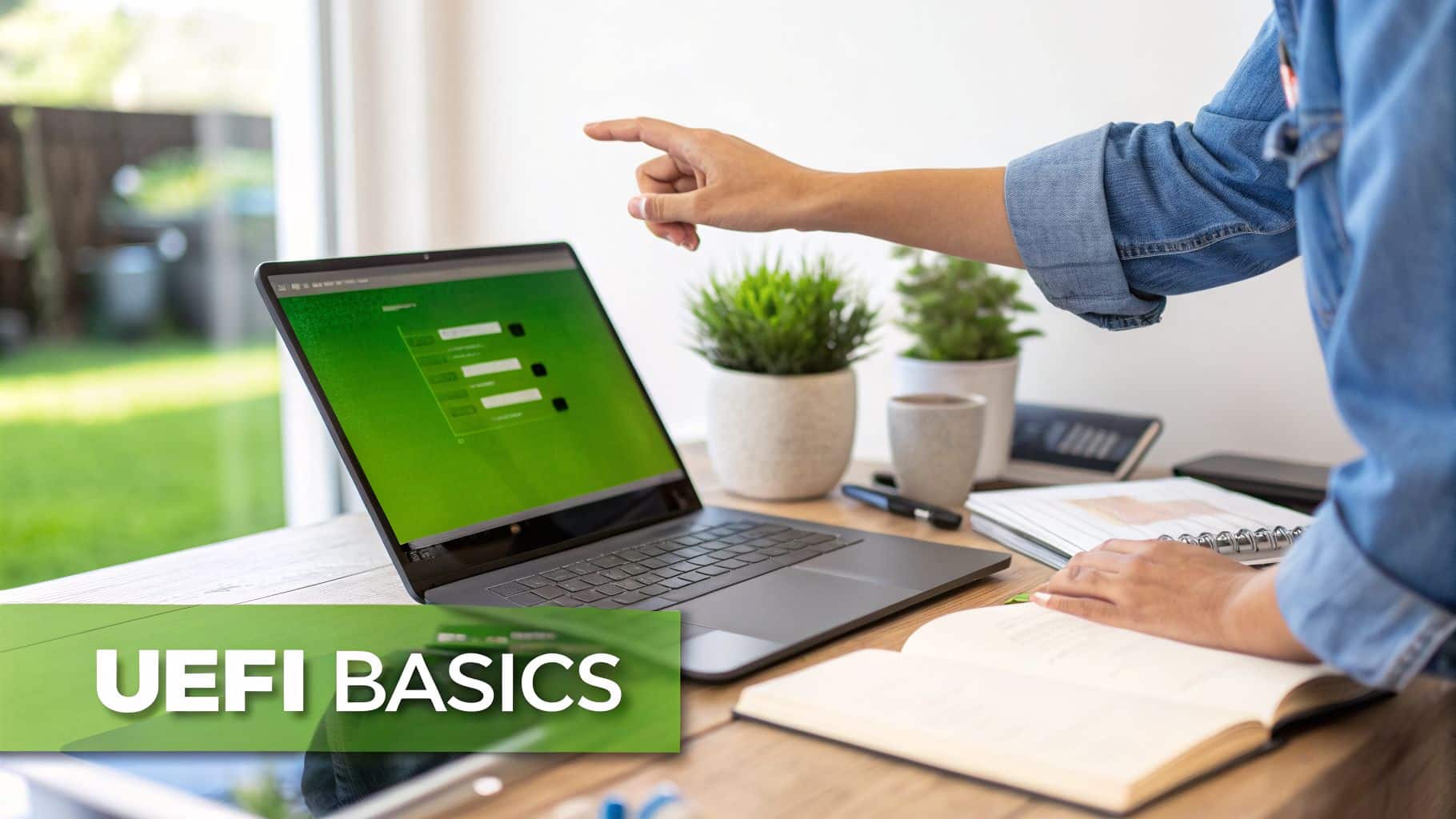 Person pointing at a laptop displaying a green UEFI interface on a wooden desk with plants and a notebook.