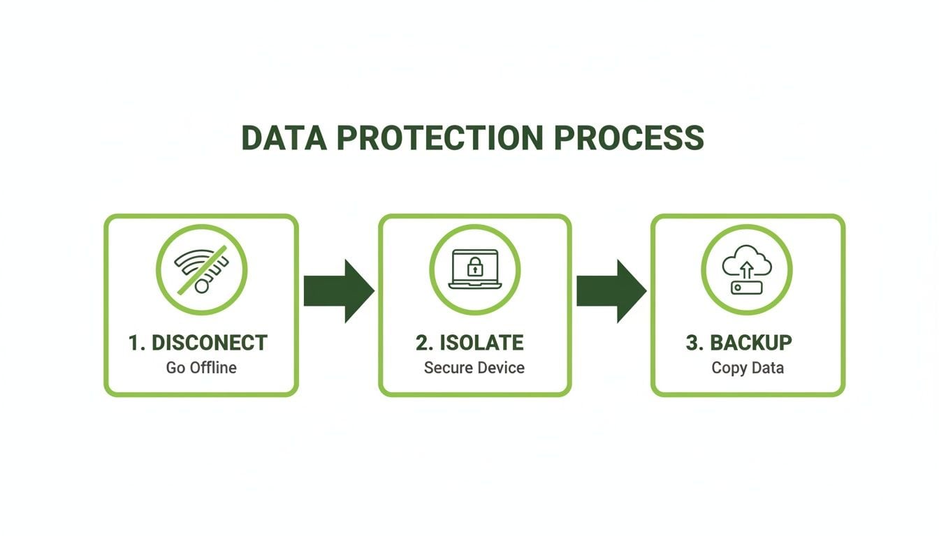 An infographic illustrating a three-step data protection process: Disconnect, Isolate, and Backup.