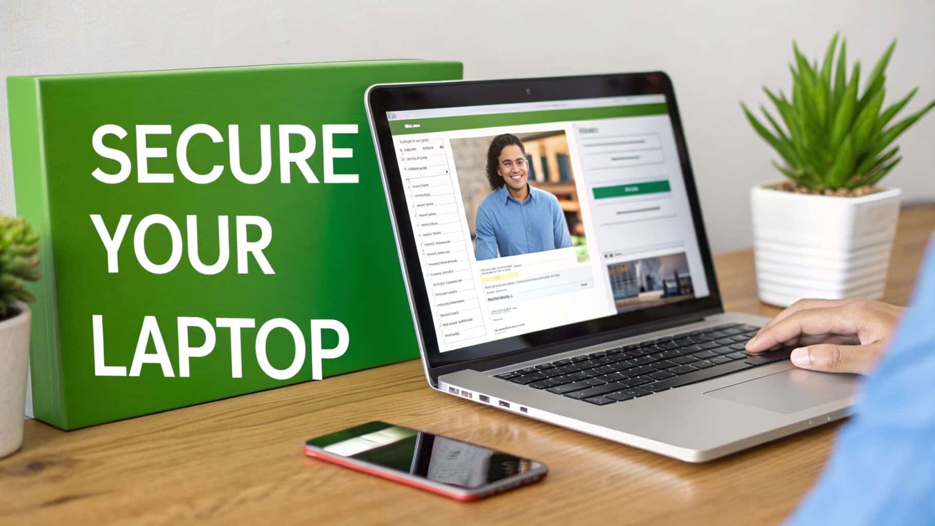 A desk setup featuring a laptop, smartphone, and a prominent green sign stating 'SECURE YOUR LAPTOP'.