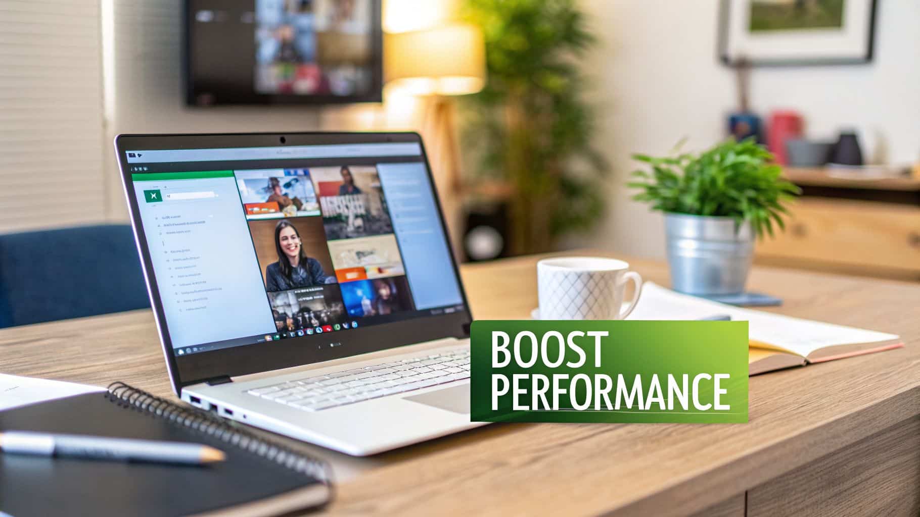 A laptop displaying a video call and various content with a "BOOST PERFORMANCE" banner on a desk.