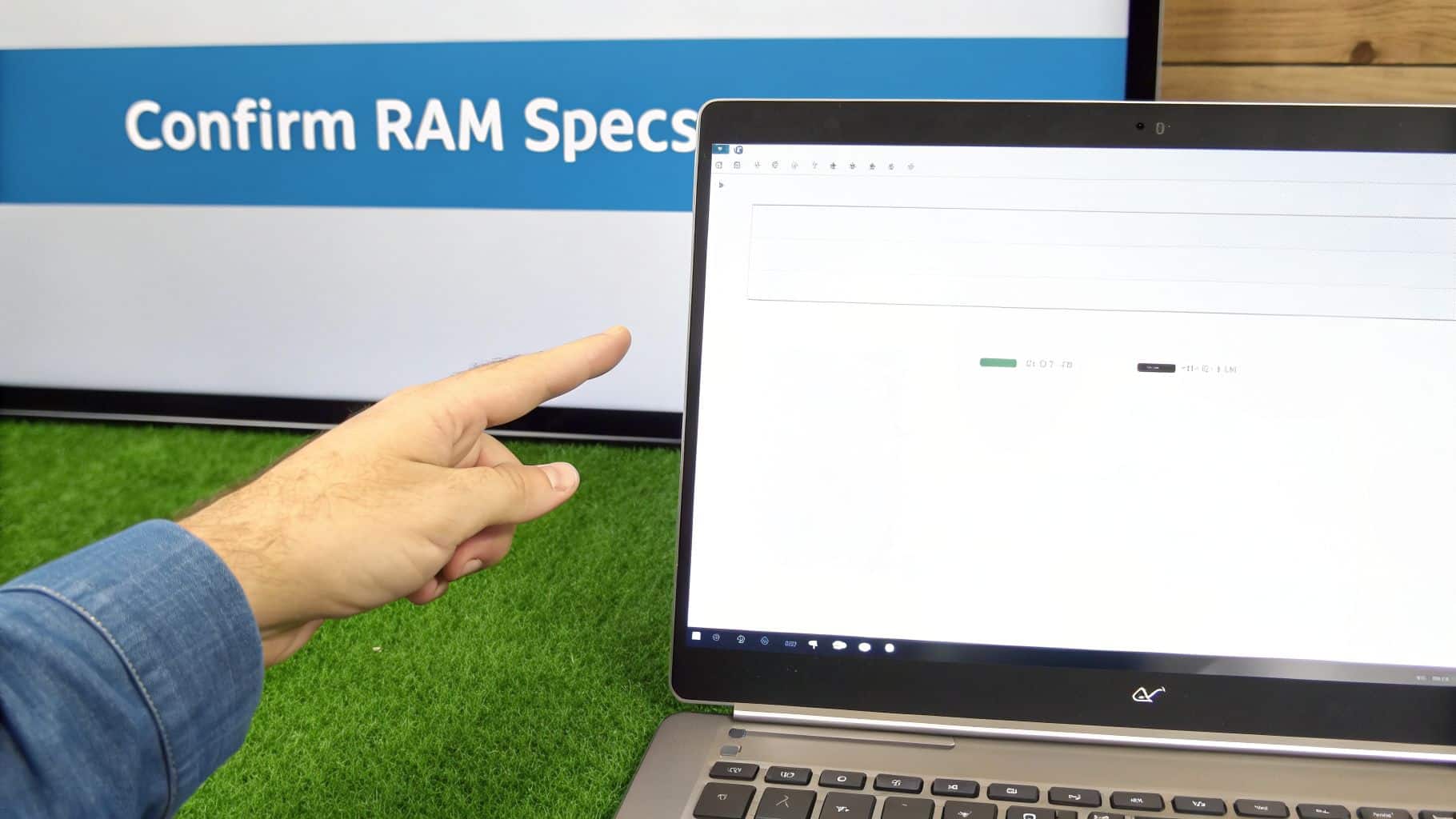 A person's hand points at a laptop screen displaying a software interface, with 'Confirm RAM Specs' on a background screen.