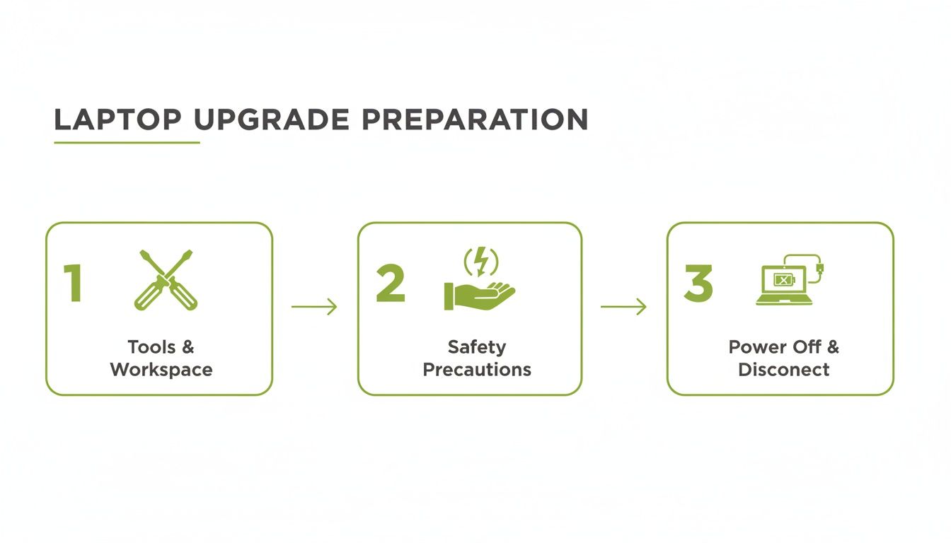 Three-step diagram illustrating laptop upgrade preparation: tools, safety precautions, and power disconnection.