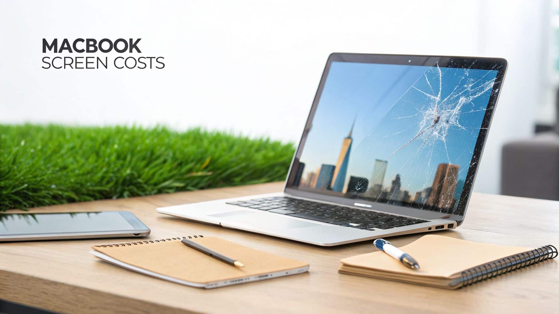 A damaged MacBook with a shattered screen on a wooden table, next to a tablet and notebooks, highlighting screen repair costs.