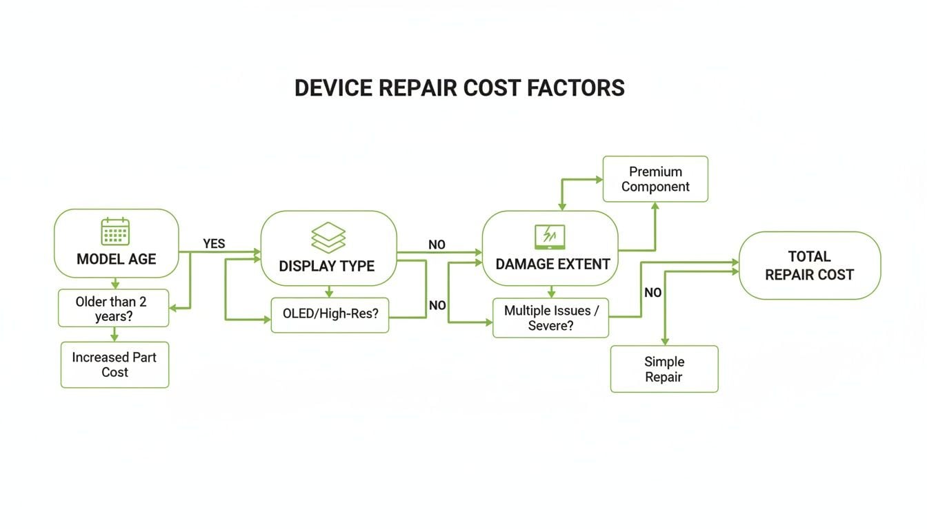 Flowchart illustrating device repair cost factors based on model age, display type, and damage extent.