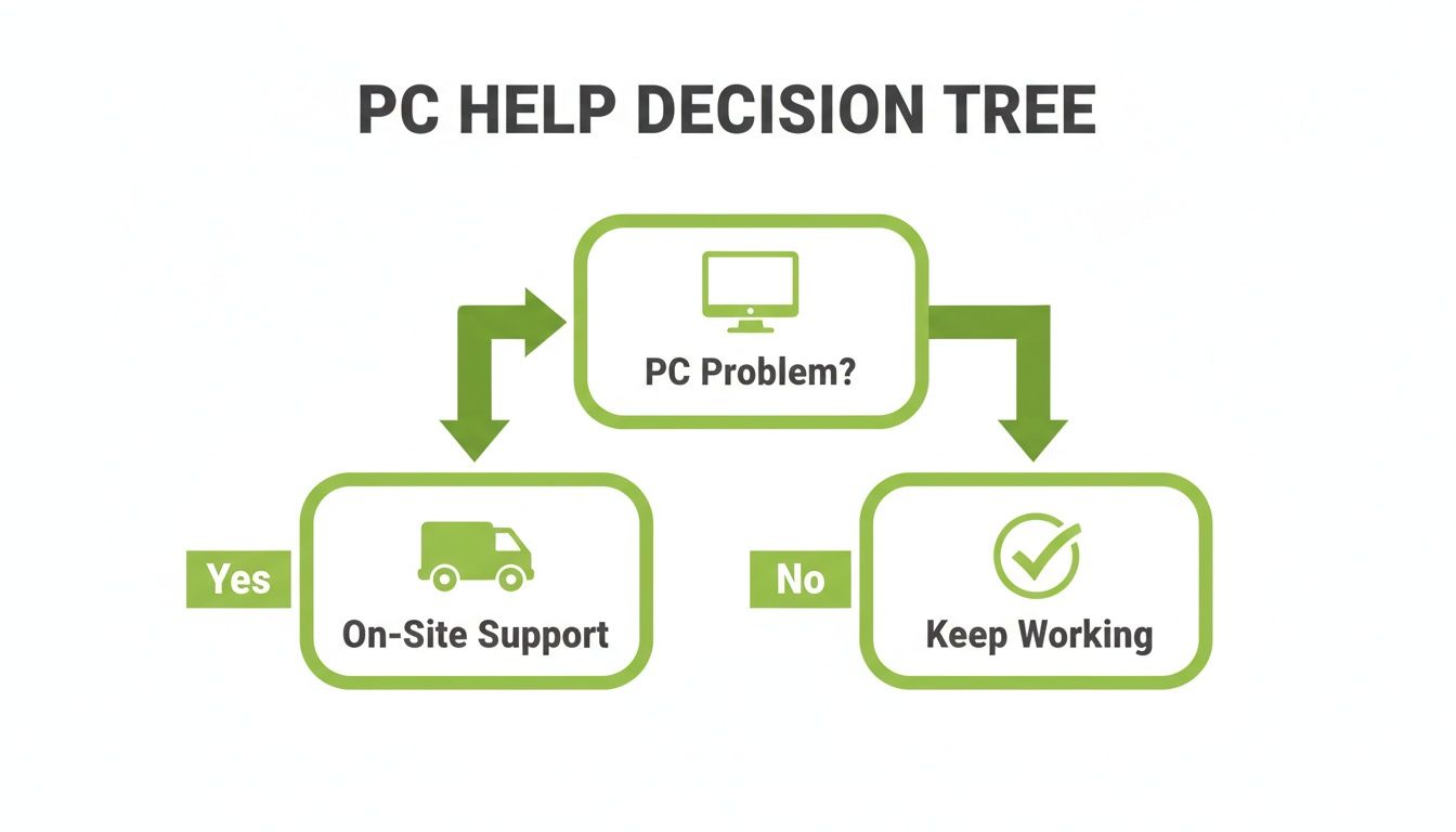 A PC help decision tree showing if there's a problem, leading to on-site support or keep working.