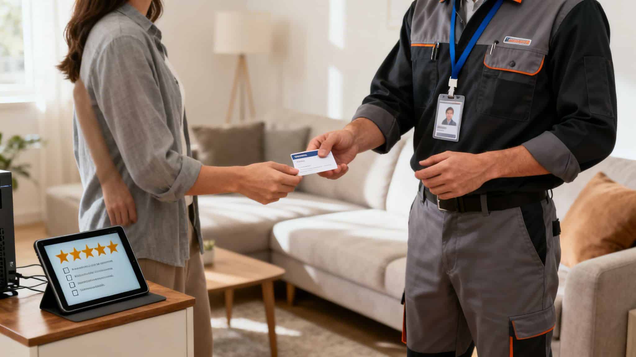 A service technician hands a business card to a customer as a tablet shows a five-star rating.