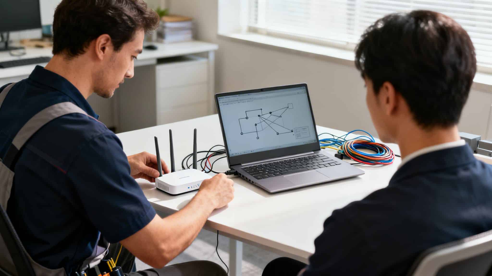 Two IT technicians collaboratively setting up networking equipment, connecting a router to a laptop with a network diagram.