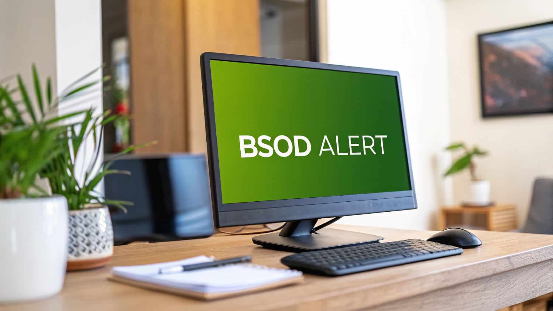 A computer monitor displaying a green screen with 'BSOD ALERT' text, placed on a desk.