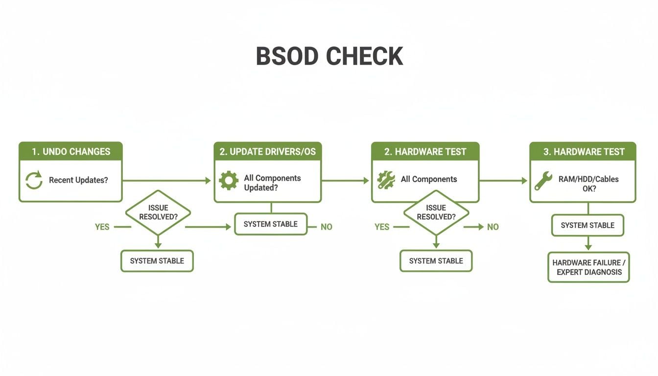 A flowchart titled 'BSOD CHECK' outlining steps to diagnose and resolve Blue Screen of Death issues.