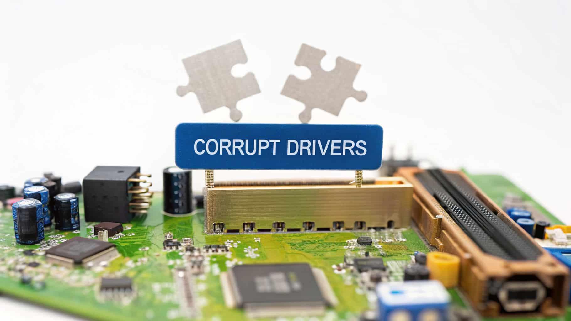 A circuit board with a blue sign reading 'CORRUPT DRIVERS' and two puzzle pieces above it, symbolizing tech issues.