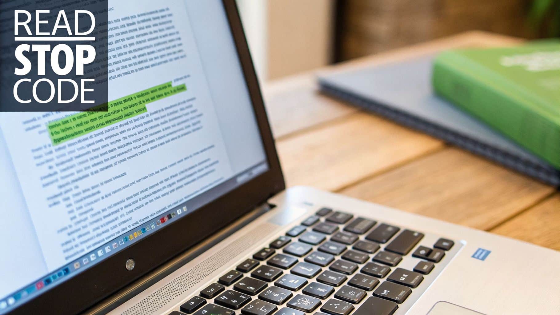 A laptop open on a wooden desk, displaying a document with highlighted text, suggesting study or work.