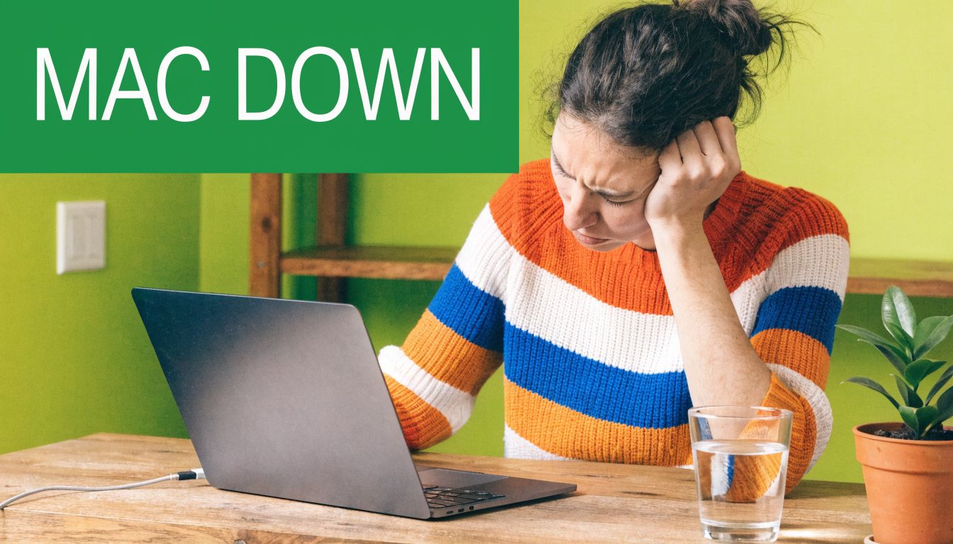 A woman looking frustrated while working on a malfunctioning laptop at a desk with a plant.