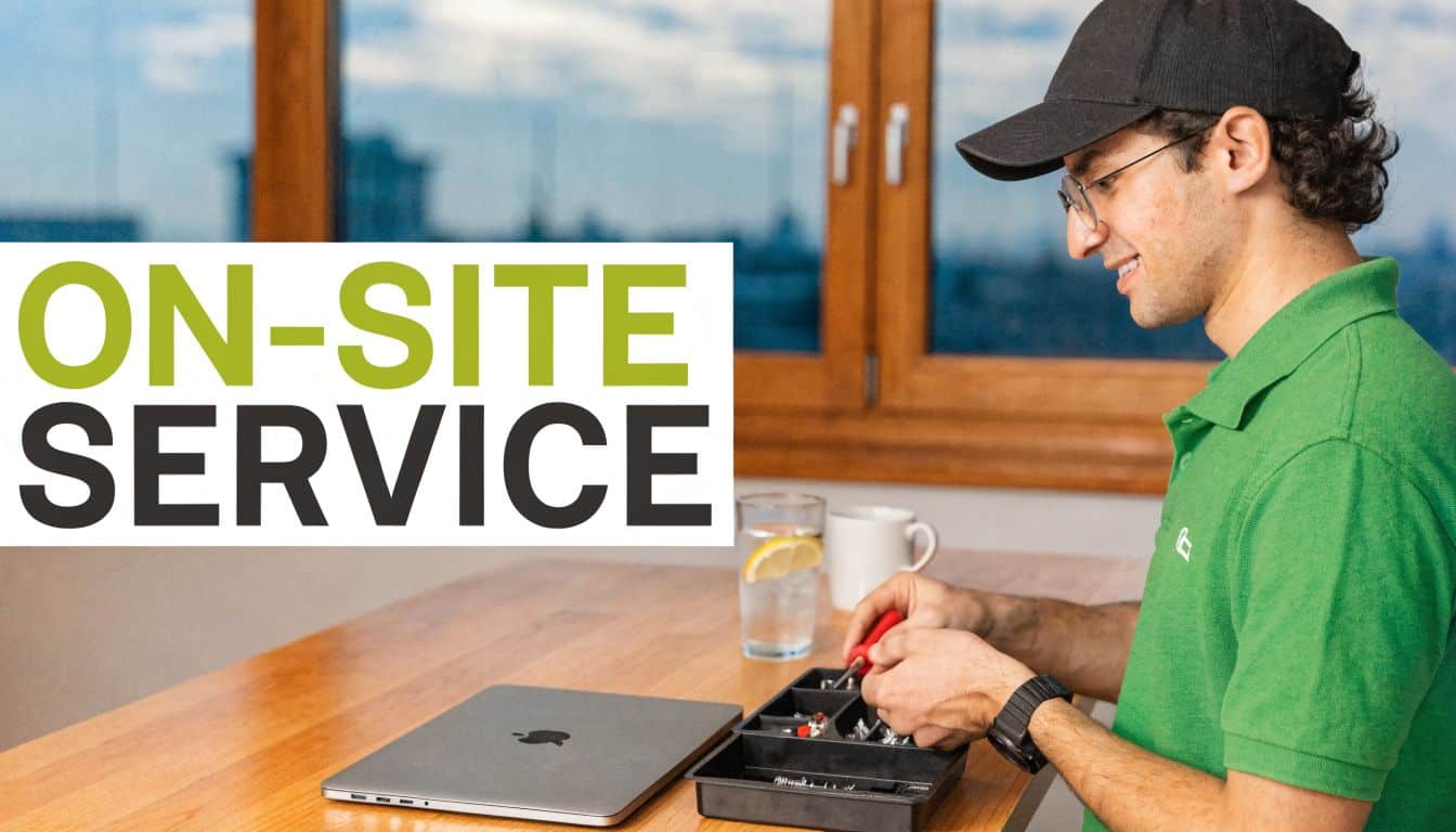 A technician wearing a green polo shirt working on a laptop at a desk.