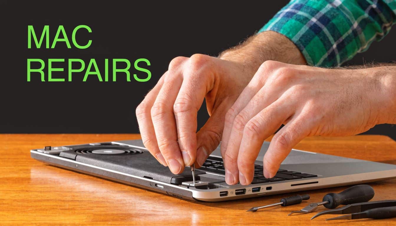 A close-up of a technician performing repairs on a laptop with tools on the wooden table.