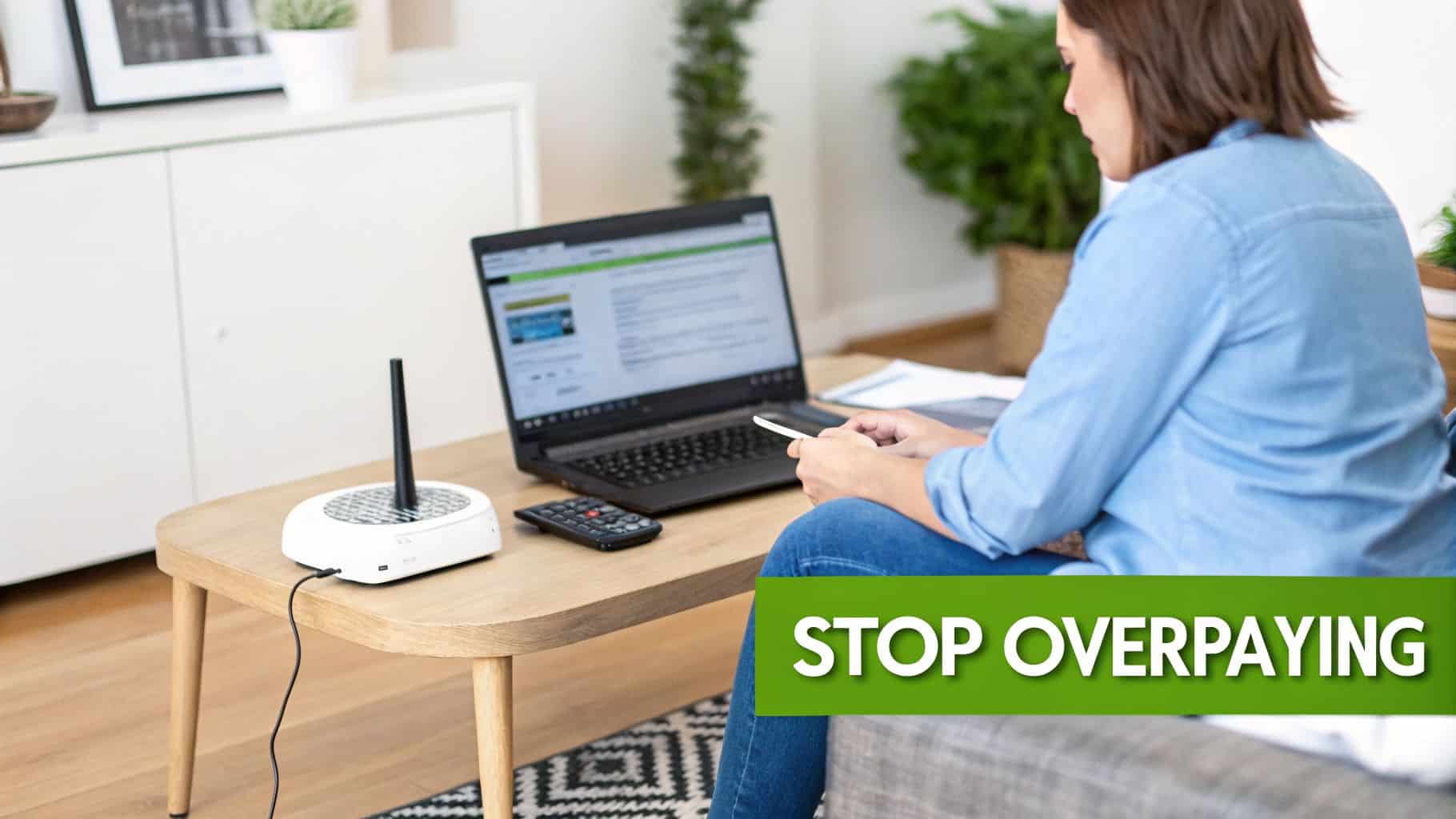 A woman on a couch works on a laptop and smartphone, next to a white home internet modem.