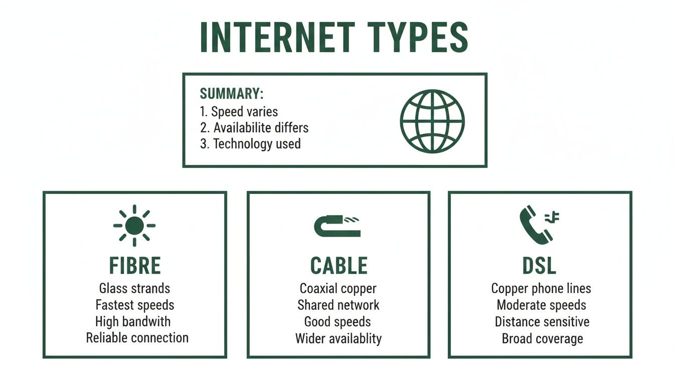An infographic explaining different internet types: Fibre, Cable, and DSL, with their key features and availability.