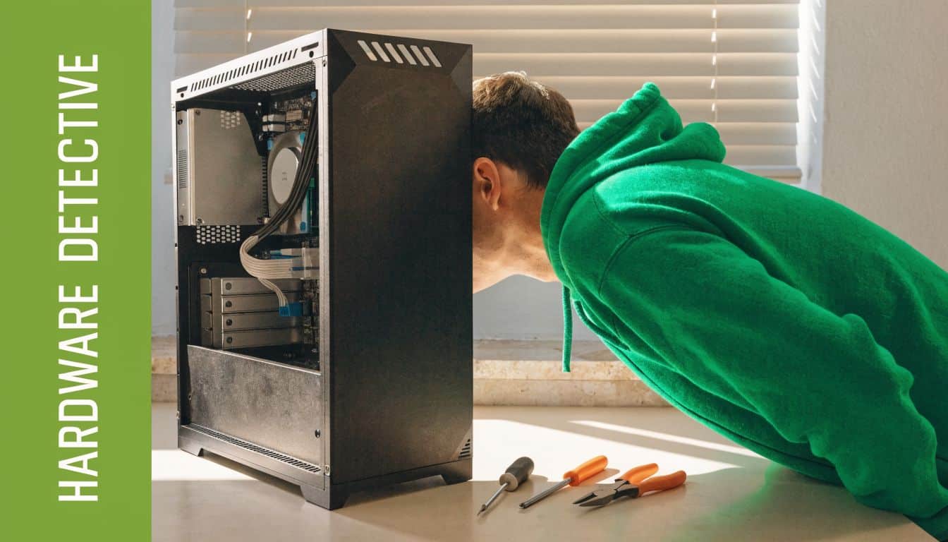A person in a green hoodie closely inspecting the internal components of an open computer tower.