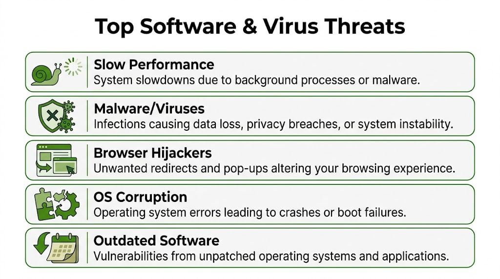 A list graphic illustrating five common computer software and virus threats including performance issues and security risks.